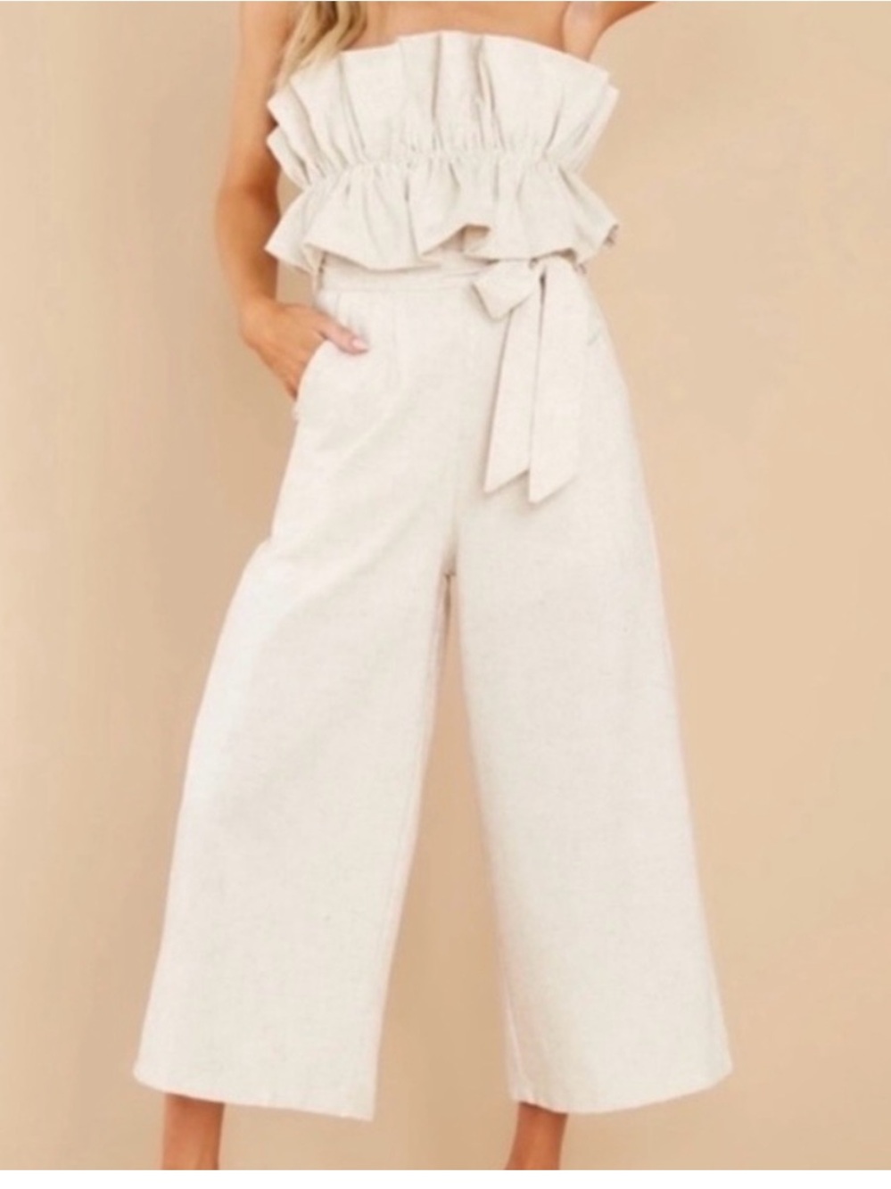 Aura Strapless Ruffle Linen Jumpsuit in Cream